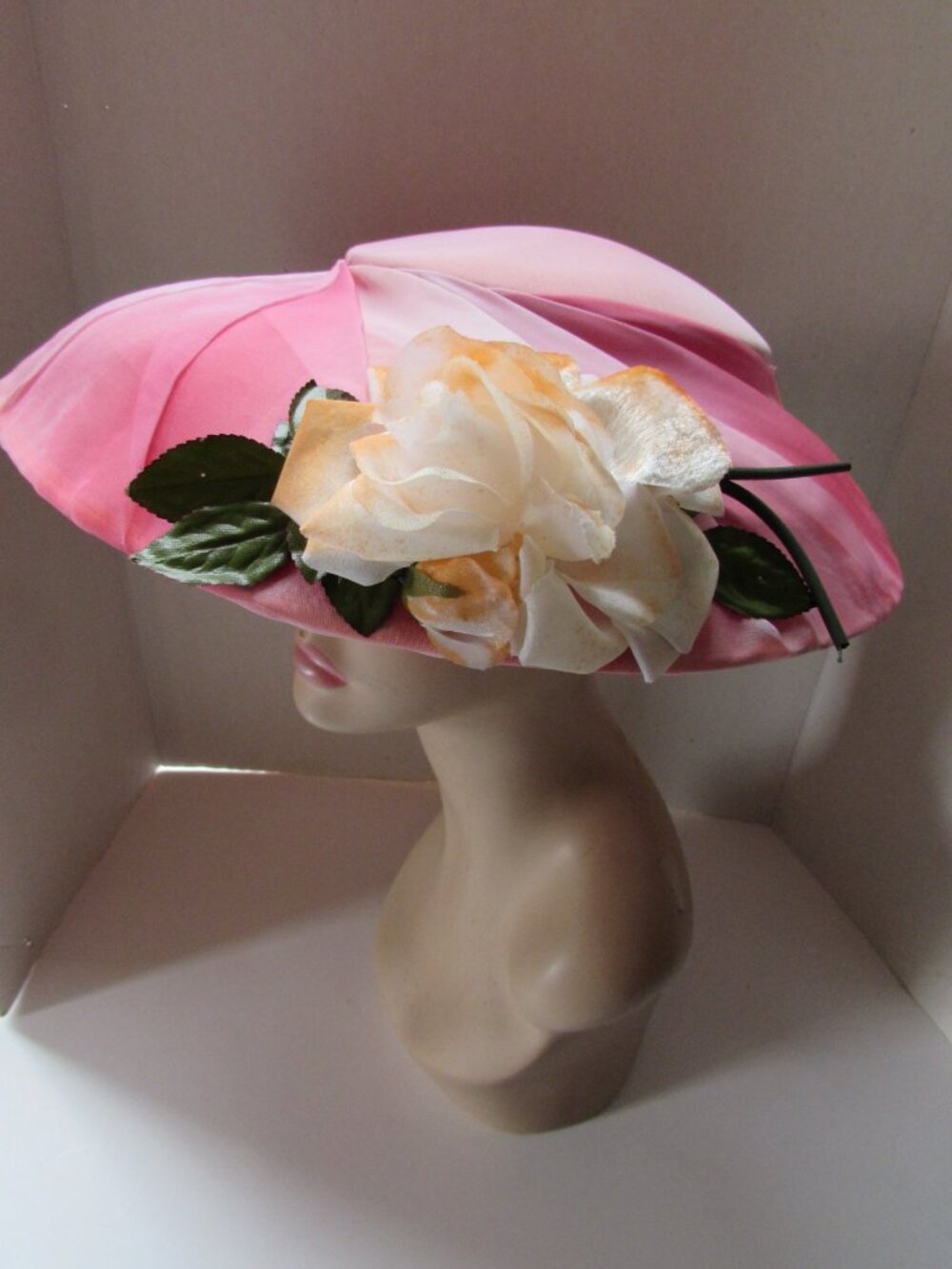 Vintage Wide Brim Hat Swirls Pink Coral Chiffon